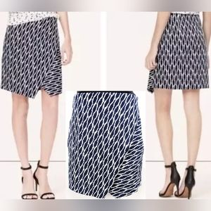 Size S (4-6) Ann Taylor Loft Blue-White Pattern Faux Wrap Knee Pencil Skirt